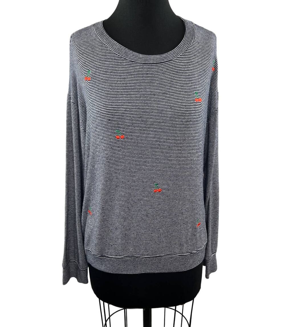SUNDRY Blue White Stripe Embroidered Cherries Crew Neck Long Sleeve Knit Top 3 L